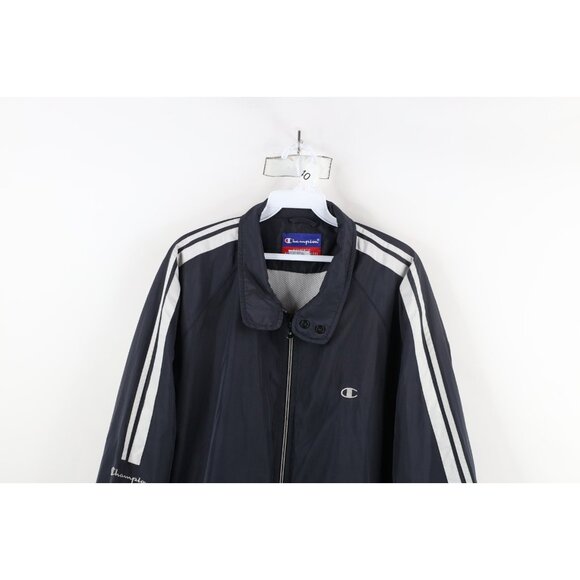 Vintage 90s Champion Mens Medium Spell Out Lined Windbreaker Bomber Jacket Black - Picture 2 of 16
